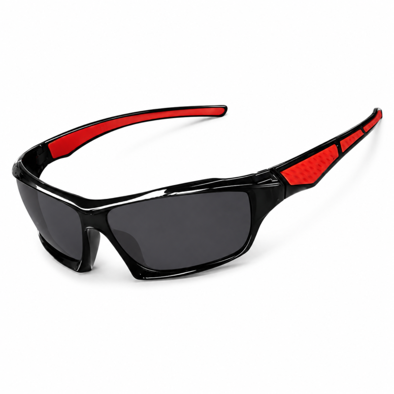 Black and red UV380 sports sunglasses with PC lenses, oval frame and lightweight PC temples