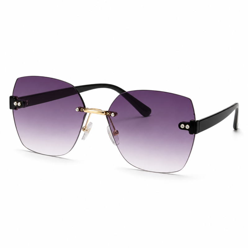 Gradient rimless UV380 fashion sunglasses with PC lenses and black PC temples