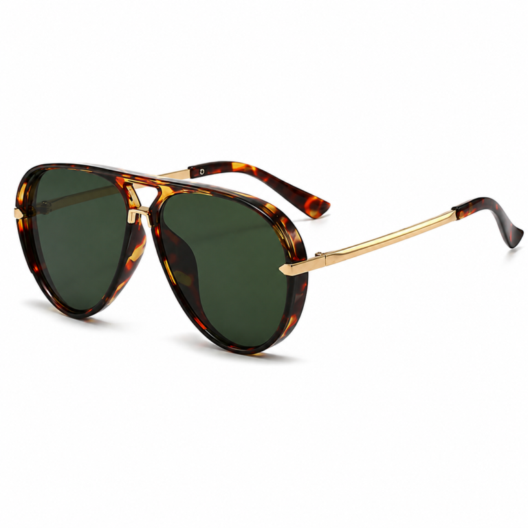 Tortoiseshell aviator UV400 sunglasses with green PC lenses and gold-tone temples