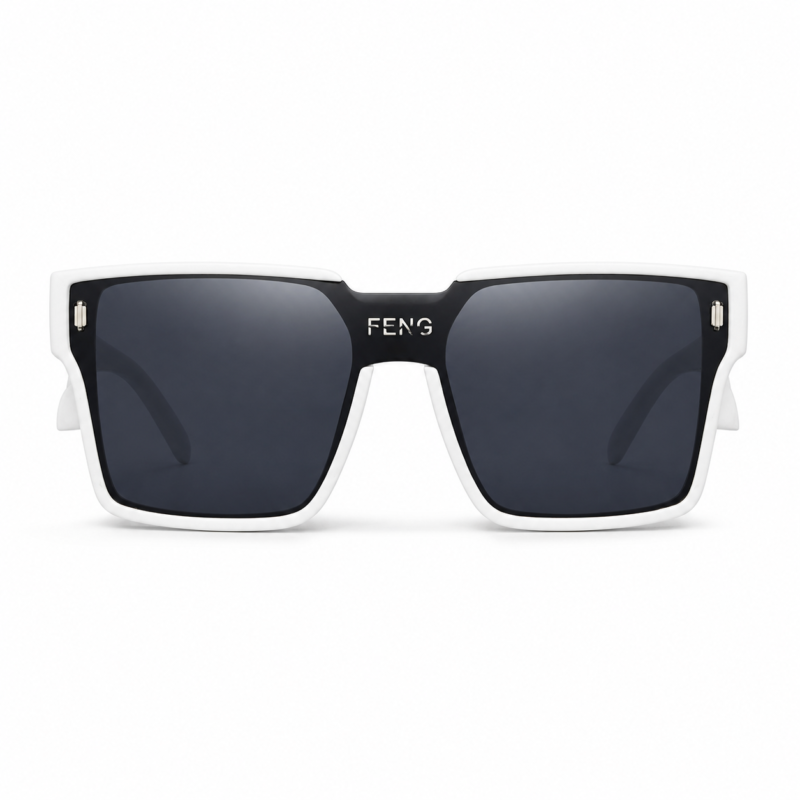 White and black square UV400 fashion sunglasses with PC lenses and metal temples