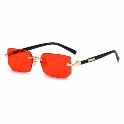 Red rimless UV400 fashion sunglasses with PC lenses, gold-tone metal frame and prescription lens compatibility