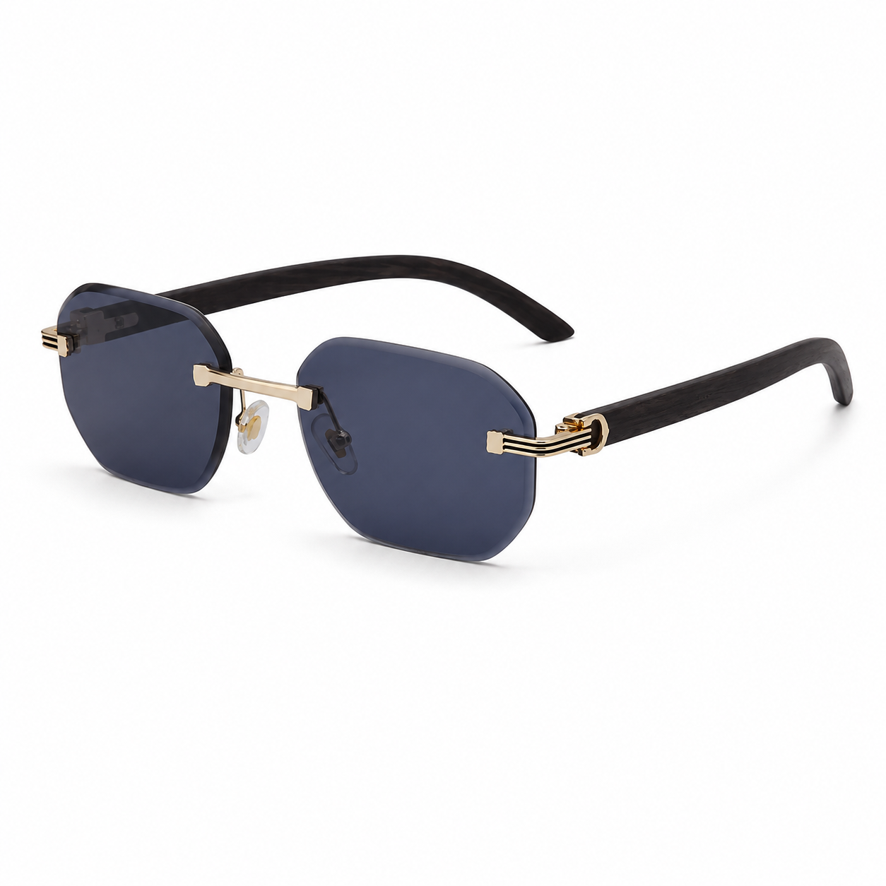 Noiré Square UV400 Sunglasses with Metal Frame Rimless square UV400 sunglasses with dark blue PC lenses, gold-tone metal frame and black PC temples