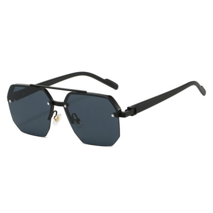 Black geometric rimless sunglasses with dark smoke lenses and slim metal temples